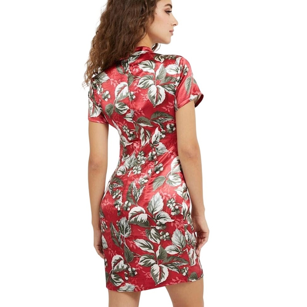 Guess Womens Red Floral Satin Mock Neck Short Sleeve Mini Sheath Dress Size 10 - Picture 4 of 4